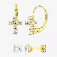 Religious Jewelry Cross Womens White Cubic Zirconia 10K Gold 2 Pair Earring Set