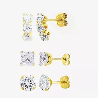 Womens White Cubic Zirconia 10K Gold 3 Pair Earring Set