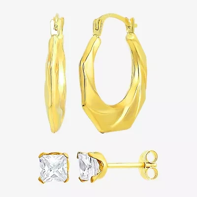 Womens White Cubic Zirconia 10K Gold 2 Pair Earring Set