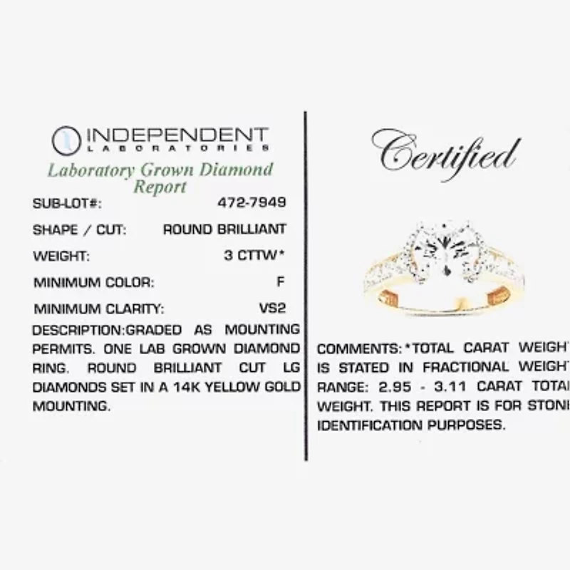 (F / Vs2) Womens 3 CT. T.W. Lab Grown White Diamond 14K Gold Round Side Stone Halo Engagement Ring