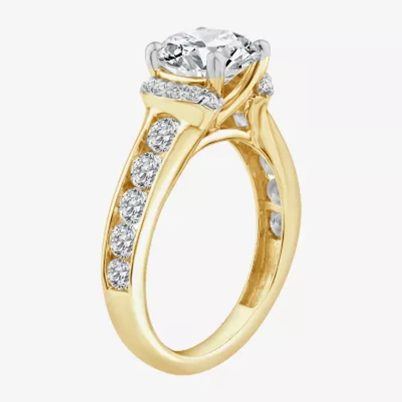 (F / Vs2) Womens 3 CT. T.W. Lab Grown White Diamond 14K Gold Round Side Stone Halo Engagement Ring