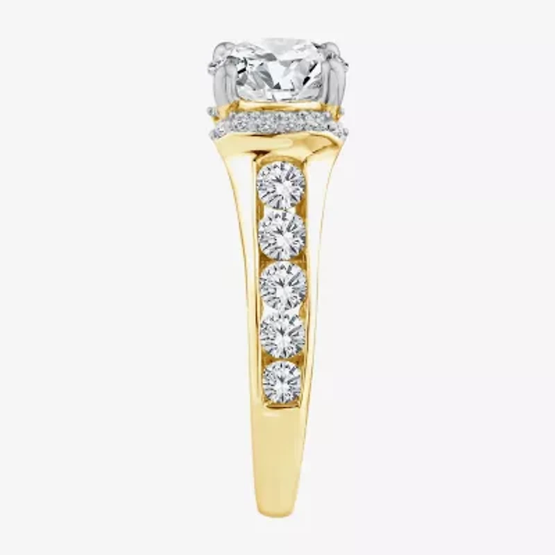 (F / Vs2) Womens 3 CT. T.W. Lab Grown White Diamond 14K Gold Round Side Stone Halo Engagement Ring