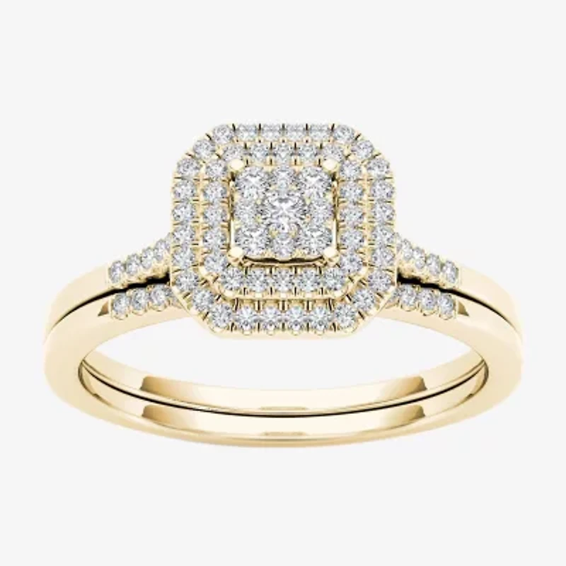 Womens 1/ CT. T.W. Natural White Diamond 10K Gold Cushion Halo Bridal Set