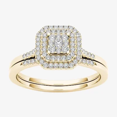 Womens 1/ CT. T.W. Natural White Diamond 10K Gold Cushion Halo Bridal Set