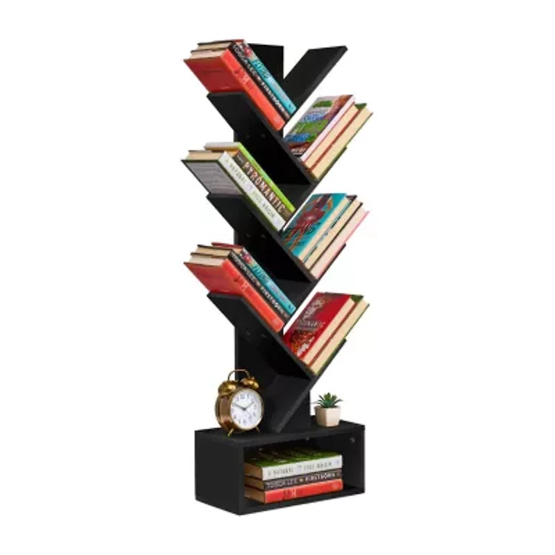 Sorbus 7-Tier Zigzag Tree Bookcase 7-Shelf Shelf with Baskets