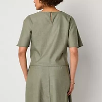 Liz Claiborne Womens Round Neck Elbow Sleeve Crop Top