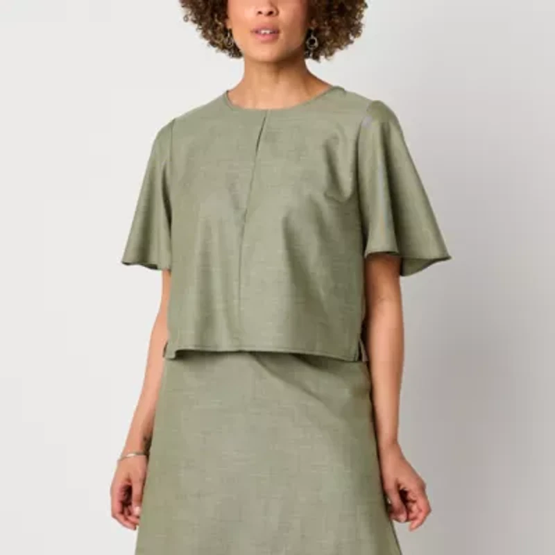 Liz Claiborne Womens Round Neck Elbow Sleeve Crop Top