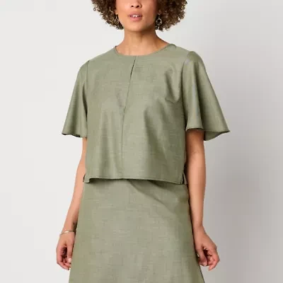 Liz Claiborne Womens Round Neck Elbow Sleeve Crop Top