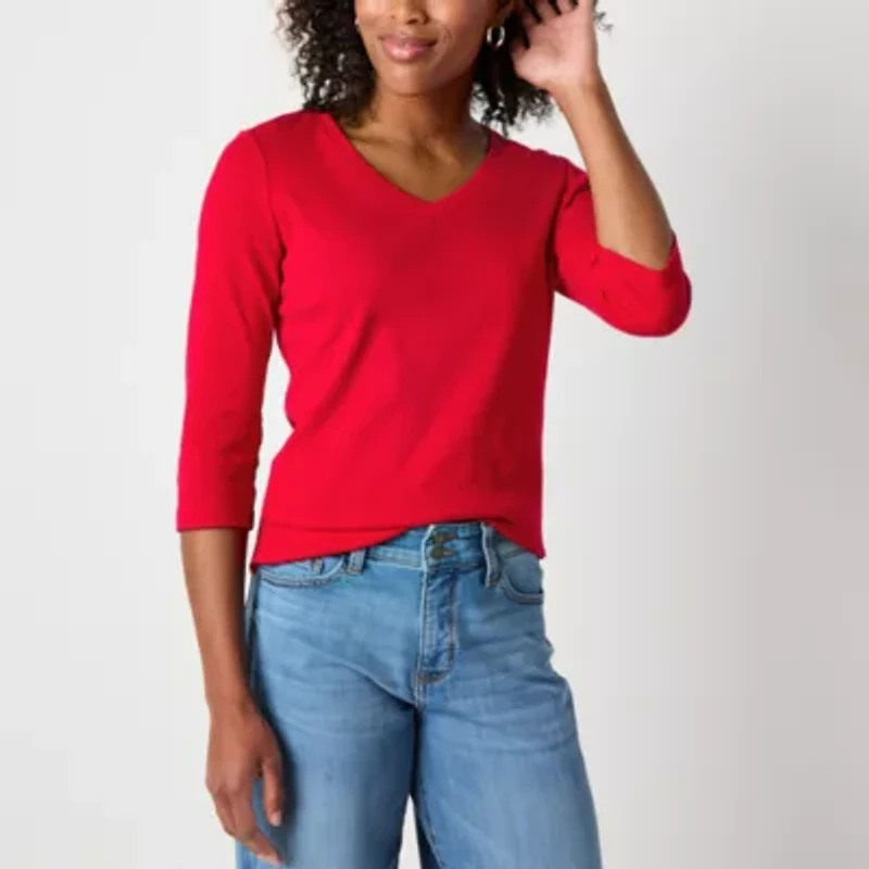 St. John's Bay Womens V Neck 3/4 Sleeve T-Shirt