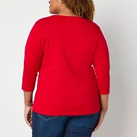 St. John's Bay Womens Plus V Neck 3/4 Sleeve T-Shirt