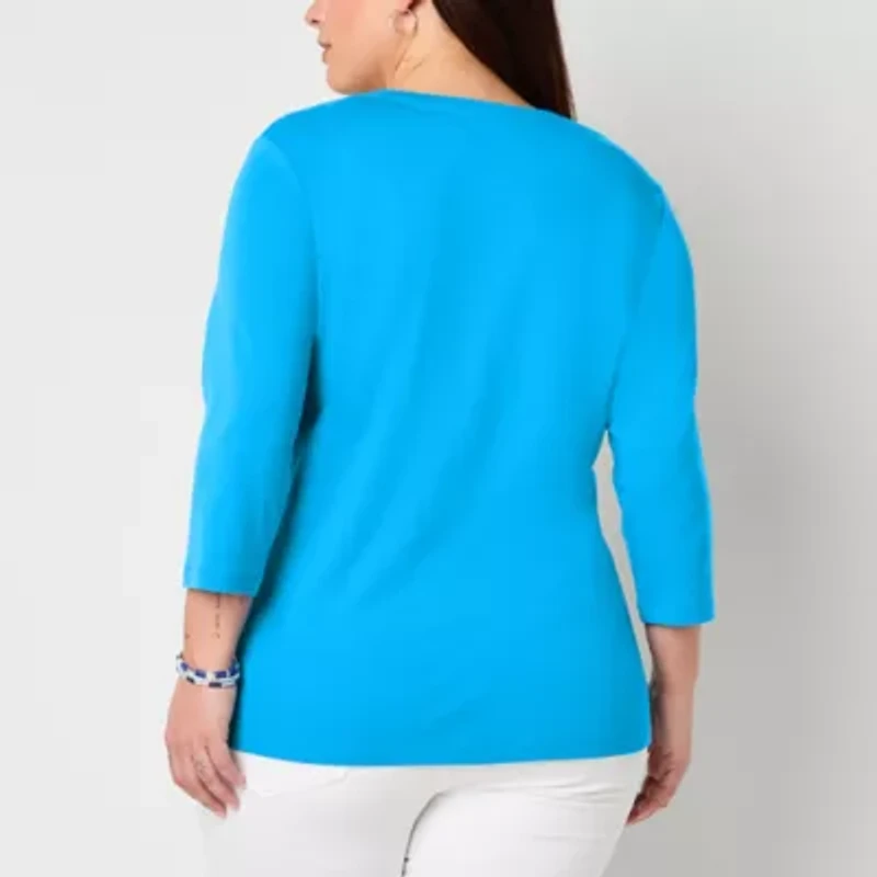 St. John's Bay Womens Plus V Neck 3/4 Sleeve T-Shirt