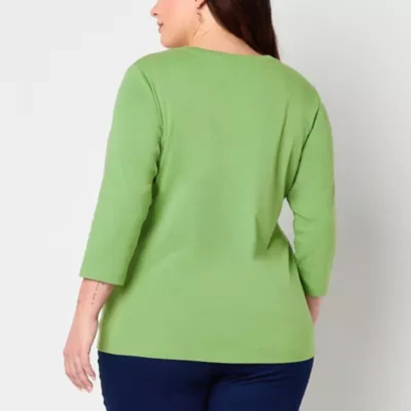 St. John's Bay Womens Plus V Neck 3/4 Sleeve T-Shirt