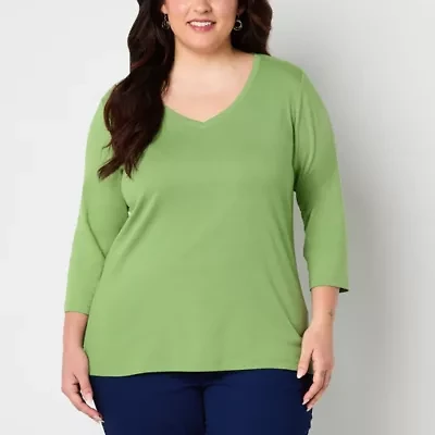 St. John's Bay Womens Plus V Neck 3/4 Sleeve T-Shirt