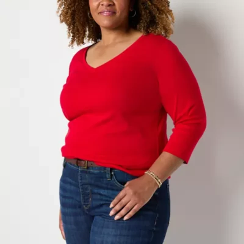 St. John's Bay Womens Plus V Neck 3/4 Sleeve T-Shirt