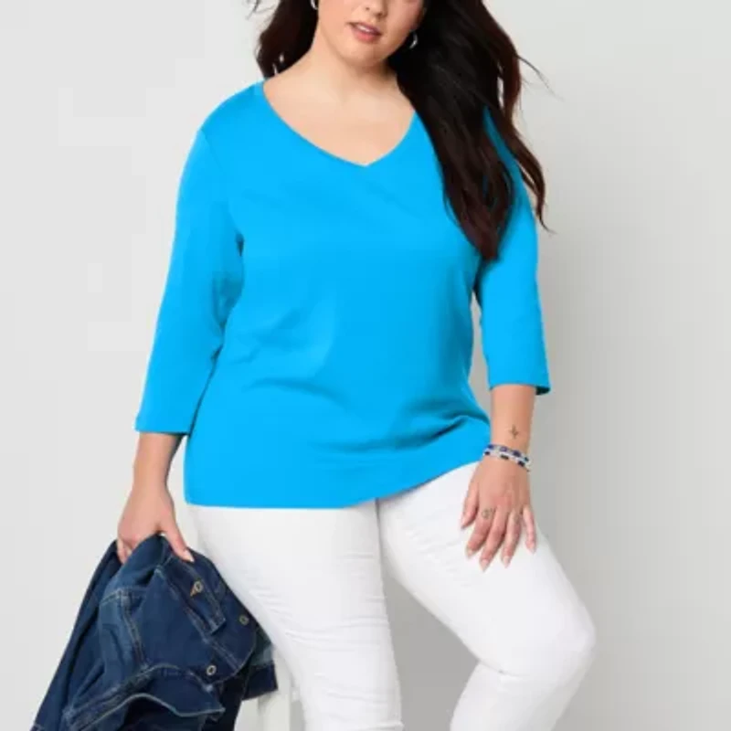 St. John's Bay Womens Plus V Neck 3/4 Sleeve T-Shirt