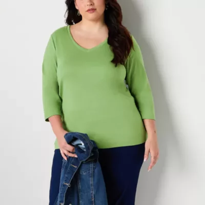 St. John's Bay Womens Plus V Neck 3/4 Sleeve T-Shirt