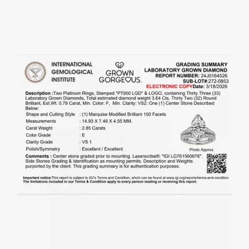 Grown Gorgeous (F,Vs2) Womens 3 5/8 Ct. T.W. Lab White Diamond 14K Gold or Platinum Marquise Side Stone Bridal Set