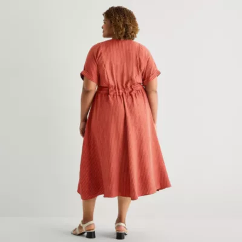 Danny & Nicole Womens Plus Short Sleeve Striped Midi Fit + Flare Dress