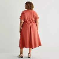 Danny & Nicole Womens Plus Short Sleeve Striped Midi Fit + Flare Dress