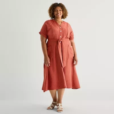 Danny & Nicole Womens Plus Short Sleeve Striped Midi Fit + Flare Dress