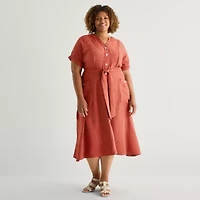 Danny & Nicole Womens Plus Short Sleeve Striped Midi Fit + Flare Dress