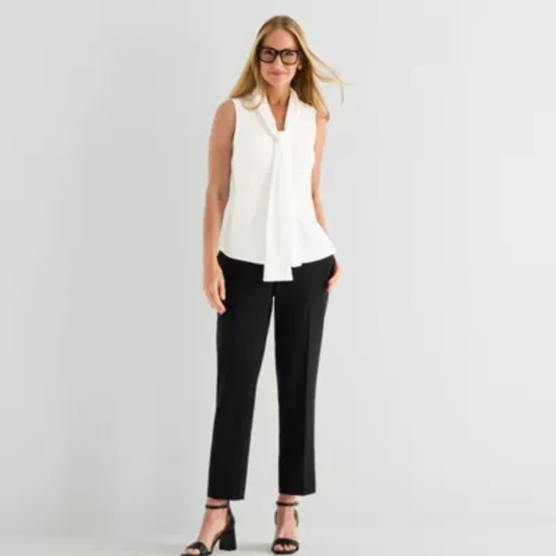 Black Label by Evan-Picone Womens Split Tie Neck Sleeveless Blouse