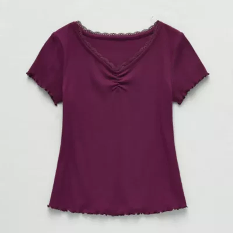 Thereabouts Little & Big Kid Girls V Neck Short Sleeve Lace Trim T-Shirt