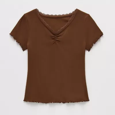 Thereabouts Little & Big Kid Girls V Neck Short Sleeve Lace Trim T-Shirt