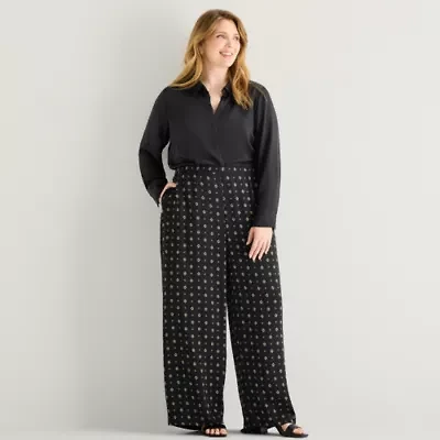 Liz Claiborne Womens Plus Wide Leg Mid Rise Pull-On Pant