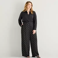 Liz Claiborne Womens Plus Wide Leg Mid Rise Pull-On Pant