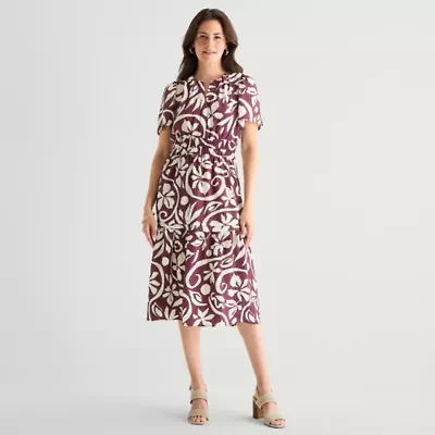 Isabel & Nina Womens Midi Notch Neck Short Sleeve Flutter Floral Fit + Flare Dress