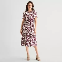 Isabel & Nina Womens Midi Notch Neck Short Sleeve Flutter Floral Fit + Flare Dress