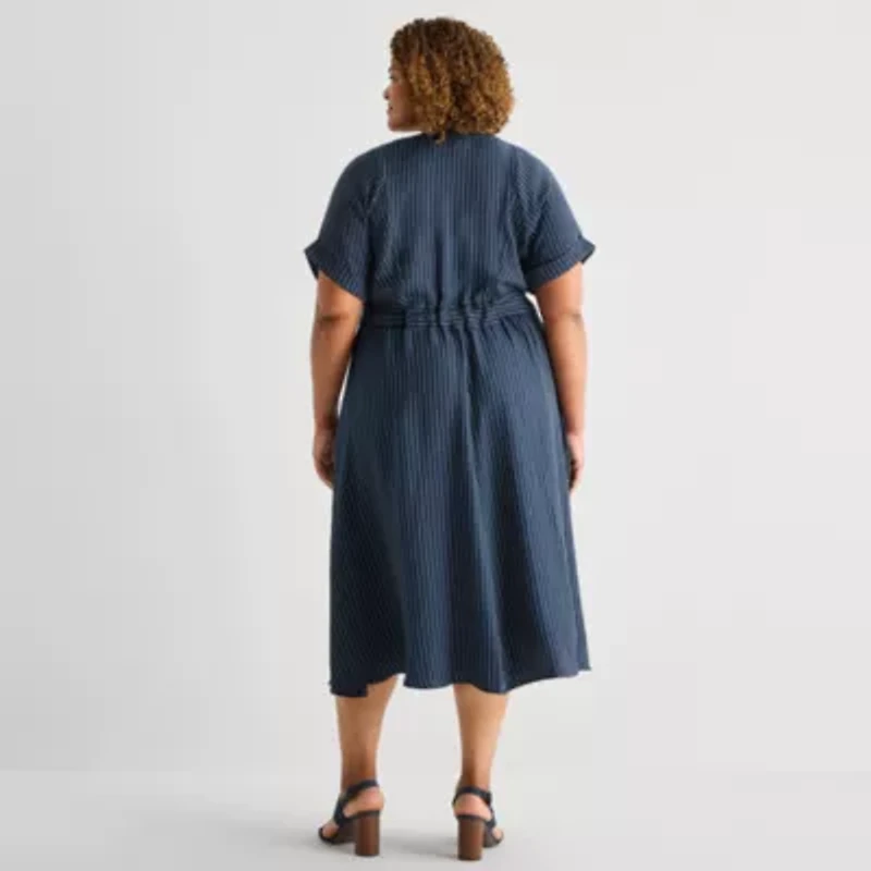 Danny & Nicole Womens Plus Short Sleeve Striped Midi Fit + Flare Dress