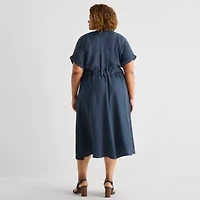 Danny & Nicole Womens Plus Short Sleeve Striped Midi Fit + Flare Dress