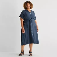 Danny & Nicole Womens Plus Short Sleeve Striped Midi Fit + Flare Dress