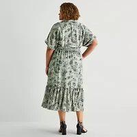 Melonie T Womens Plus Short Sleeve Leaf Midi Fit + Flare Dress