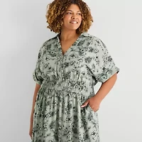 Melonie T Womens Plus Short Sleeve Leaf Midi Fit + Flare Dress