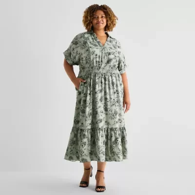 Melonie T Womens Plus Short Sleeve Leaf Midi Fit + Flare Dress