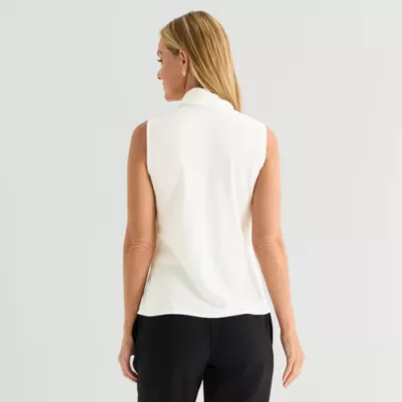 Black Label by Evan-Picone Womens Split Tie Neck Sleeveless Blouse