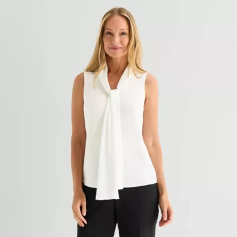 Black Label by Evan-Picone Womens Split Tie Neck Sleeveless Blouse