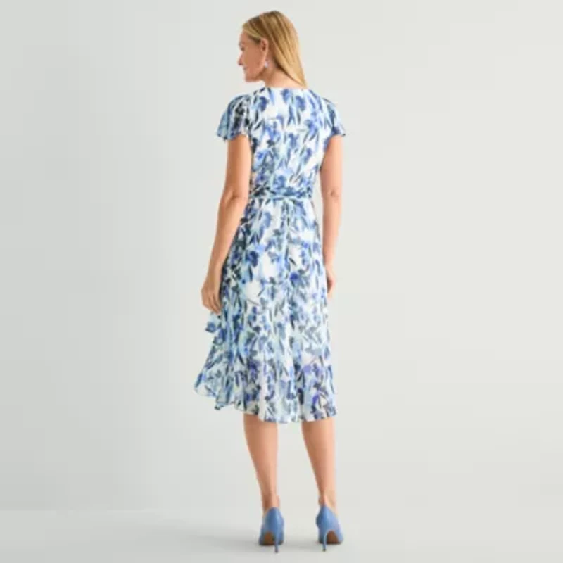 Marc New York Womens Short Sleeve Floral Midi Fit + Flare Dress