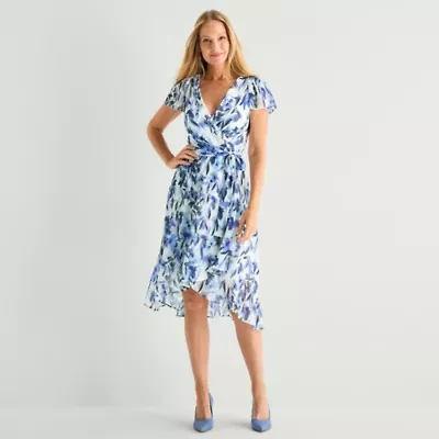 Marc New York Womens Short Sleeve Floral Midi Fit + Flare Dress