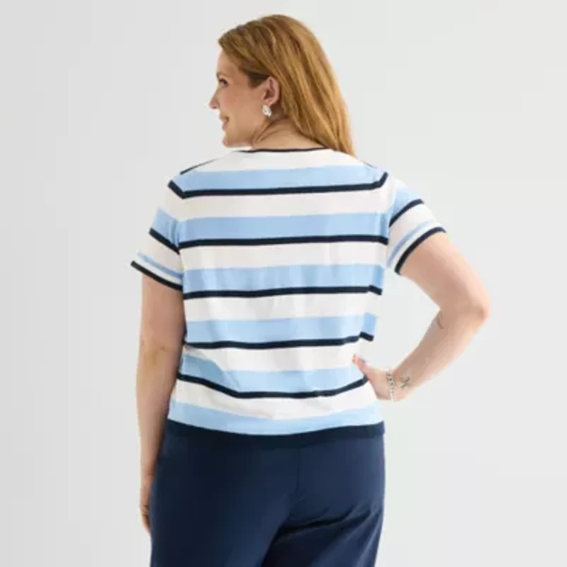 Liz Claiborne Plus Womens Crew Neck Short Sleeve Striped Pullover Sweater