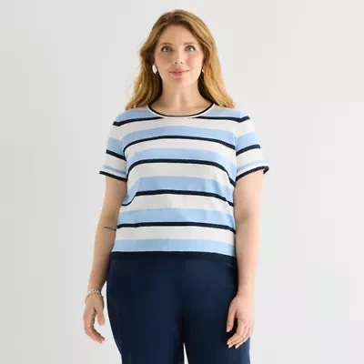 Liz Claiborne Plus Womens Crew Neck Short Sleeve Striped Pullover Sweater
