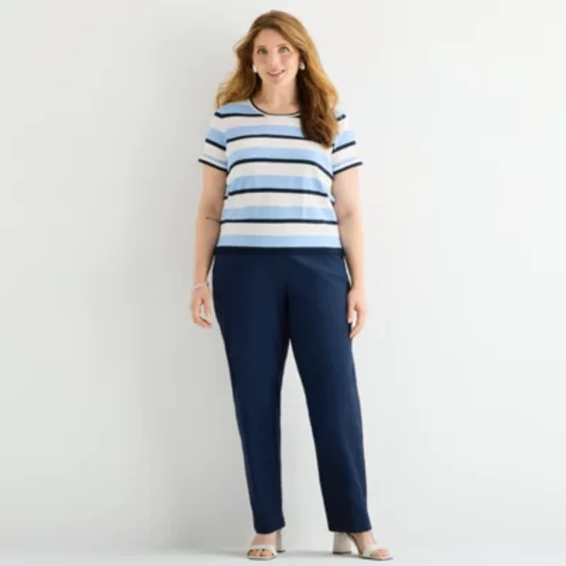 Liz Claiborne Plus Womens Crew Neck Short Sleeve Striped Pullover Sweater