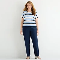 Liz Claiborne Plus Womens Crew Neck Short Sleeve Striped Pullover Sweater