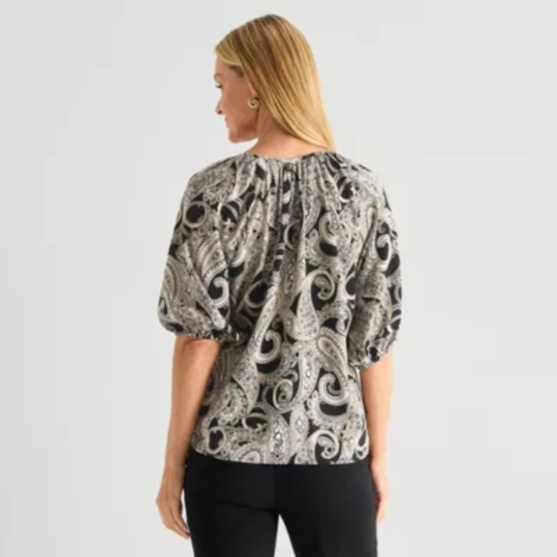 Liz Claiborne Womens Split Crew Neck Short Sleeve Blouse