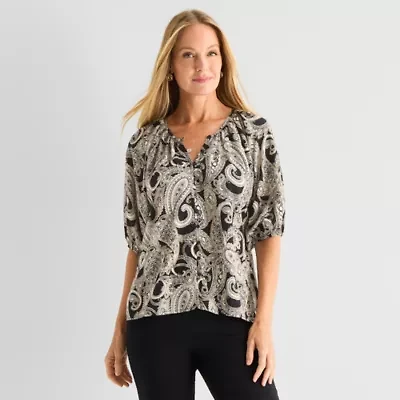 Liz Claiborne Womens Split Crew Neck Short Sleeve Blouse