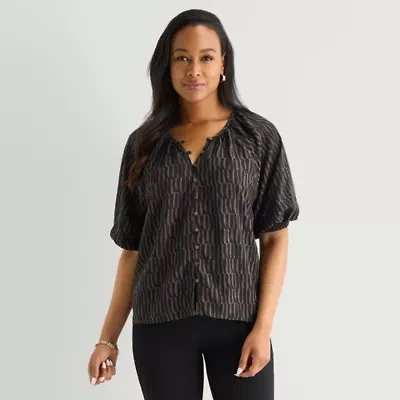 Liz Claiborne Womens Split Crew Neck Short Sleeve Blouse
