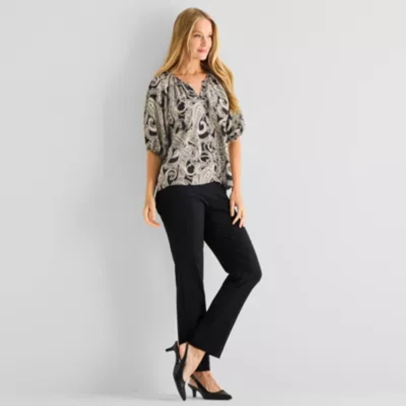 Liz Claiborne Womens Split Crew Neck Short Sleeve Blouse